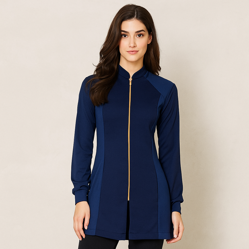 Jaleco Flex Azul Marinho Ebes – Gola Padre, Malha Flexível, Gabardine Premium, Tamanhos PP ao Plus Size