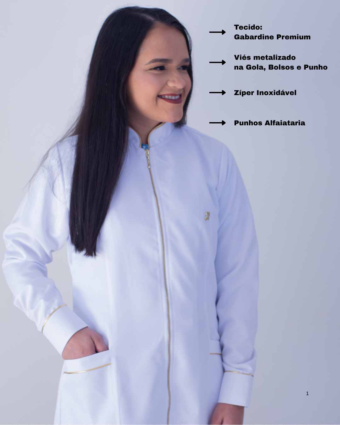 Jaleco Sublime  Feminino Branco Gola Padre Ebes – Gabardine Premium, Viés Dourado, Tamanhos PP ao Plus Size