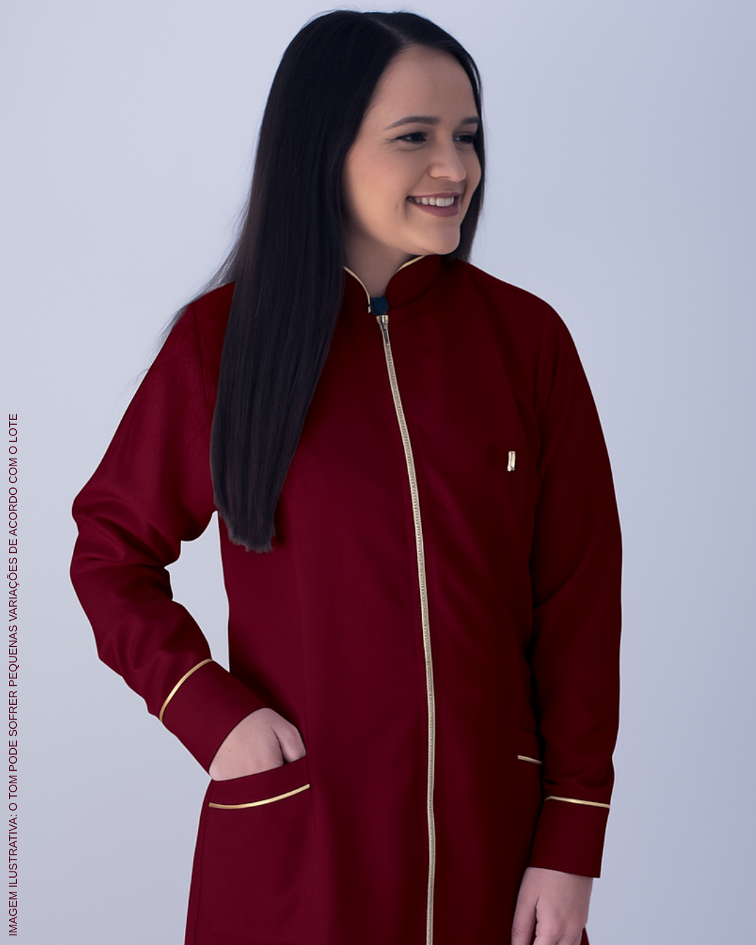 Jaleco Sublime  Feminino Branco Gola Padre Ebes – Gabardine Premium, Viés Dourado, Tamanhos PP ao Plus Size