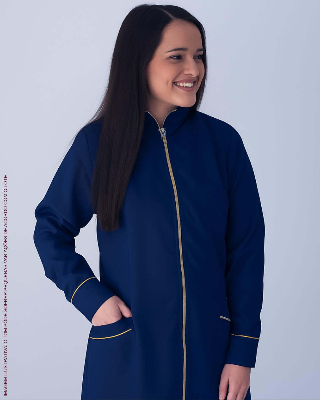 Jaleco Sublime  Feminino Branco Gola Padre Ebes – Gabardine Premium, Viés Dourado, Tamanhos PP ao Plus Size